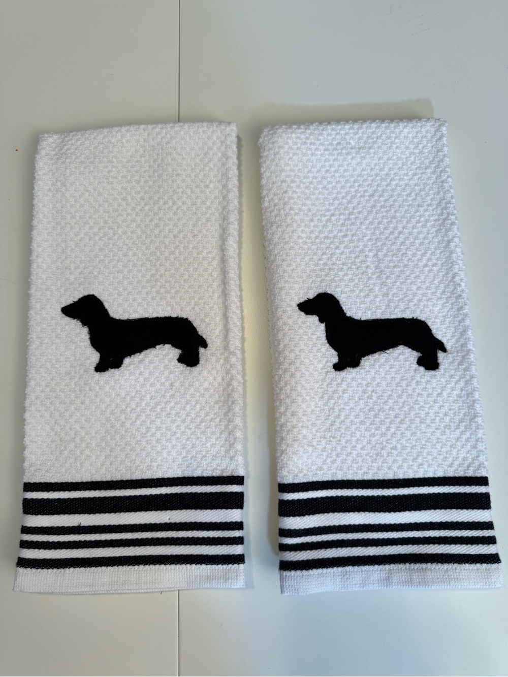 White Embroidered Kitchen Towels with Black Dachshund NEW Made to order stripe - Picture 4 of 4